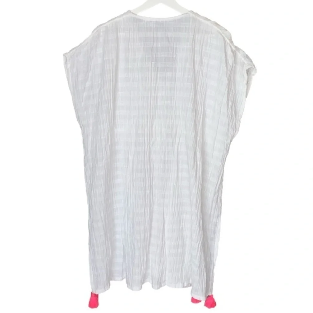 AERIE Coverup Beach Pool Oversized Drawstring Pink Tassels White Womens XS-S